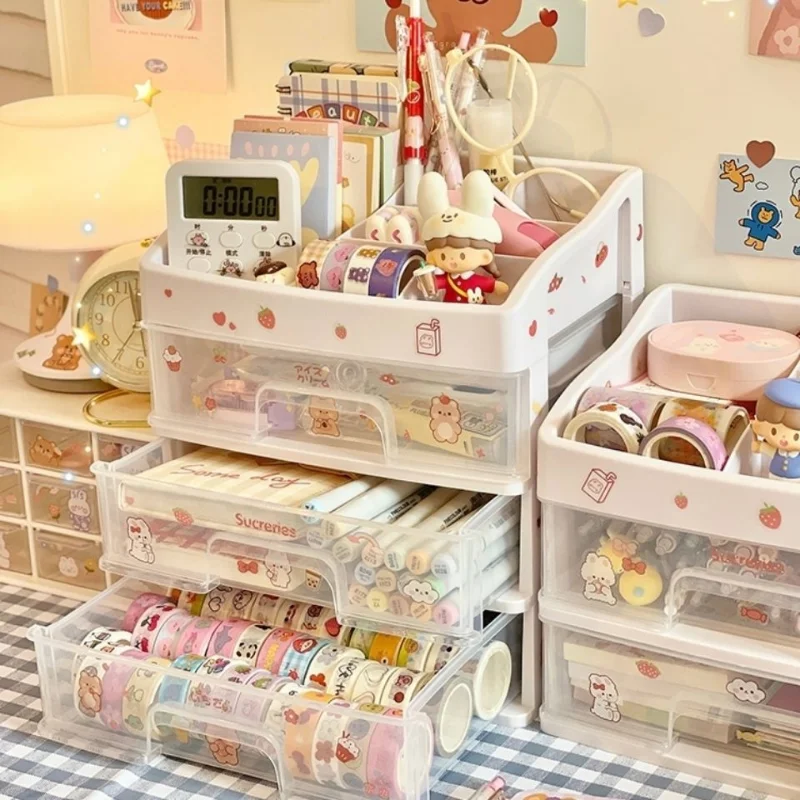 Drawer Storage Box Ins Transparent Drawer Storage Box Pink Cosmetic Finishing Makeup Box Dormitory Kawaii Shelf Cute Girl Heart Desktop Organizer