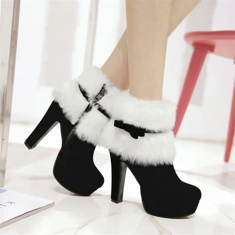 

Winter Women Boots High Heels Platform Comfort Women Shoes Warm Fur Short Boots Black Ladies Party Shoes Plus Size Ankle Boots