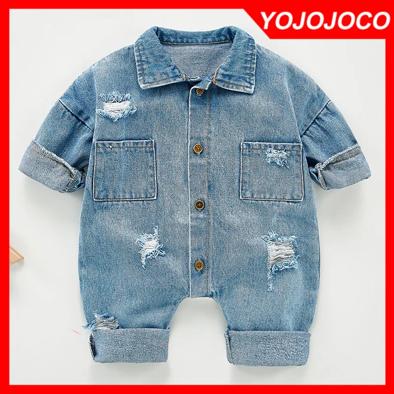 Spring Autumn Newborn Boys Girls Cowboy Broken Hole Jumpsuits Clothes Baby Boys Girls Long Sleeve Rompers Children Rompers