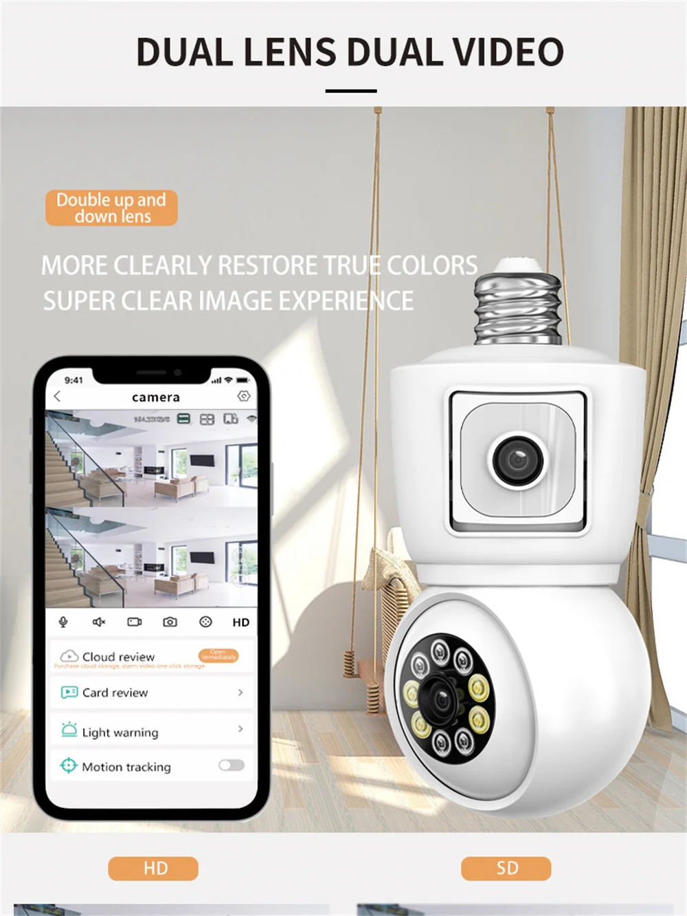 Smart WiFi Light Bulb Security Camera Dual HD Lens, E27 Connector 2.4Ghz Only, Wireless, Real-Time Video Monitoring 4