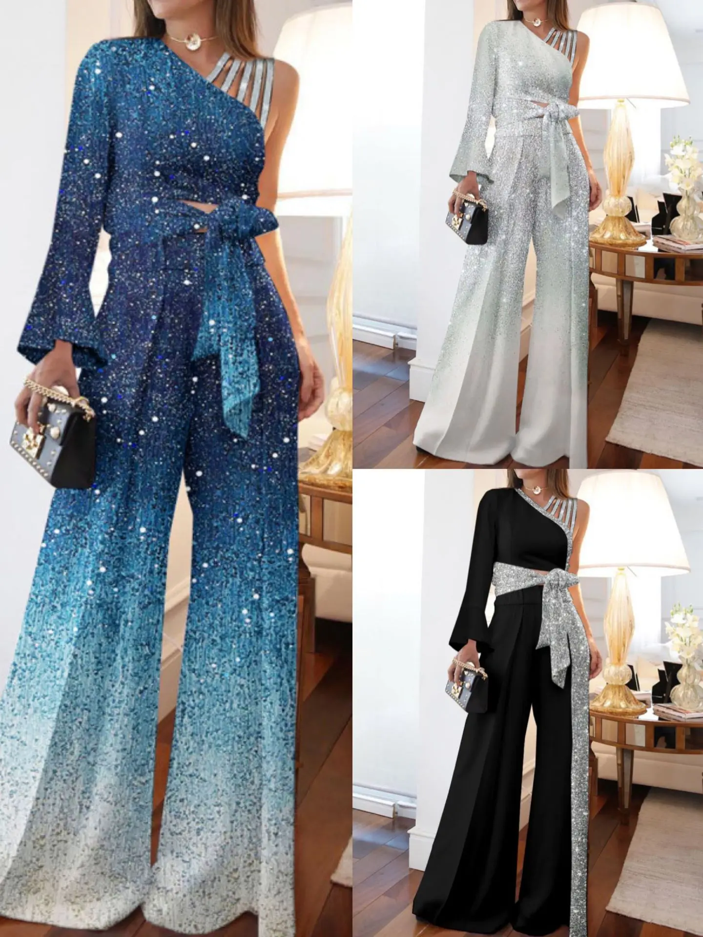 Women Sequin Off Shoulder Jumpsuit Fashion Loose Sequins Print Wide Leg Pants With Belt Elegant Shine Patchwork Bodycon Jumpsuit