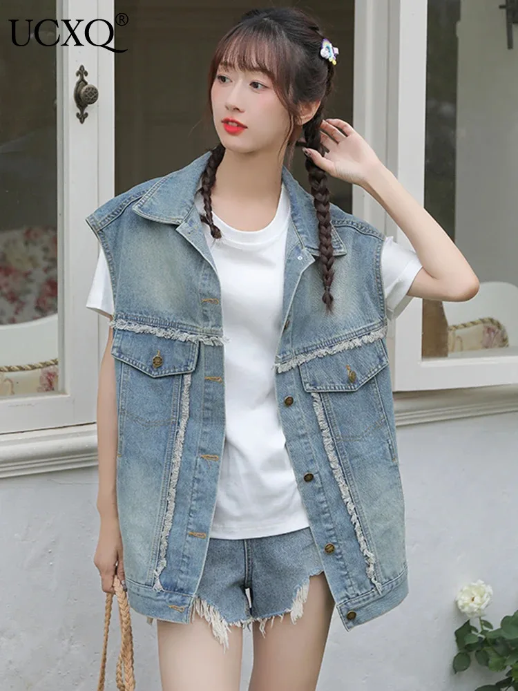 

UCXQ New Fashion Women's Korean Loose Sleeveless Jackets Blue Layered Cowboy Vest Coats Outerwear 2024 Spring Summer 16U8262