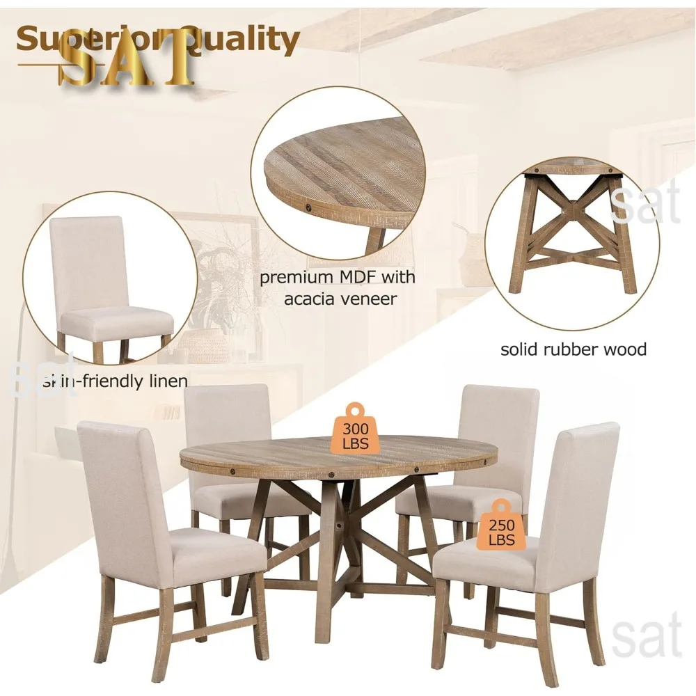 5-Piece Retro Dining Set, Table Set for 4 with Round Table and Removable Middle Leaf, including 4 Chairs, Kitchen Table Sets