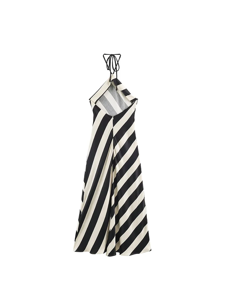 Robe longue sexy dos nu à rayures pour femme, sans manches, ajustée, contrastante, pour l'été, soirée ou club