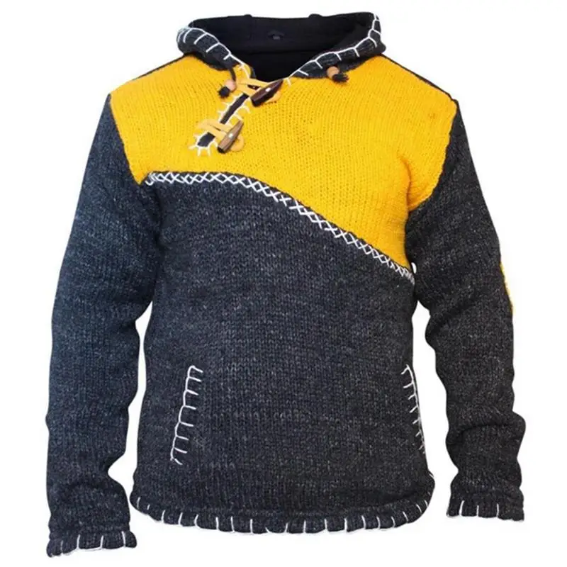 Men's Hooded Sweater Autumn And Winter New Thickening Fashion Trend Color Contrast Design Casual Sweater