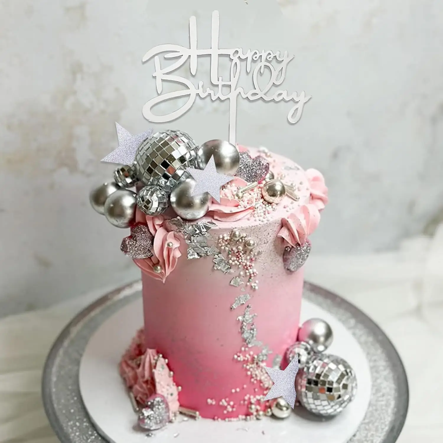40 Stück Disco-Kugel-Kuchenaufsätze, silberne Kugeln, Kuchendekoration mit silbernen Spiegelkugeln, alles Gute zum Geburtstag, Stern-Kuchenaufsätze für die Dekoration – Detail 2