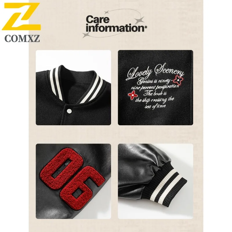 ​COMXZ Men Vintage Baseball Jacket Fall American Style Retro Windproof Waterproof Bomber Coat  Embroidery Streetwear Oversized
