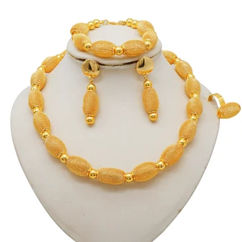 Beads Necklace Set Gold Color Beaded Earrings Bracelet Ring For Dubai Women Gold Plated Wedding Accessories Jewelry Set Party