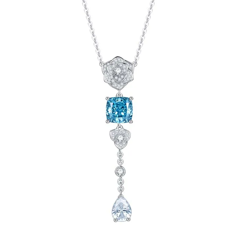 

BOEYCJR S925 Silver Camellia Design 7A Blue Zircon cushion cut 8x8mm Fine Jewelry Elegant Pendant Necklace for Women Gift