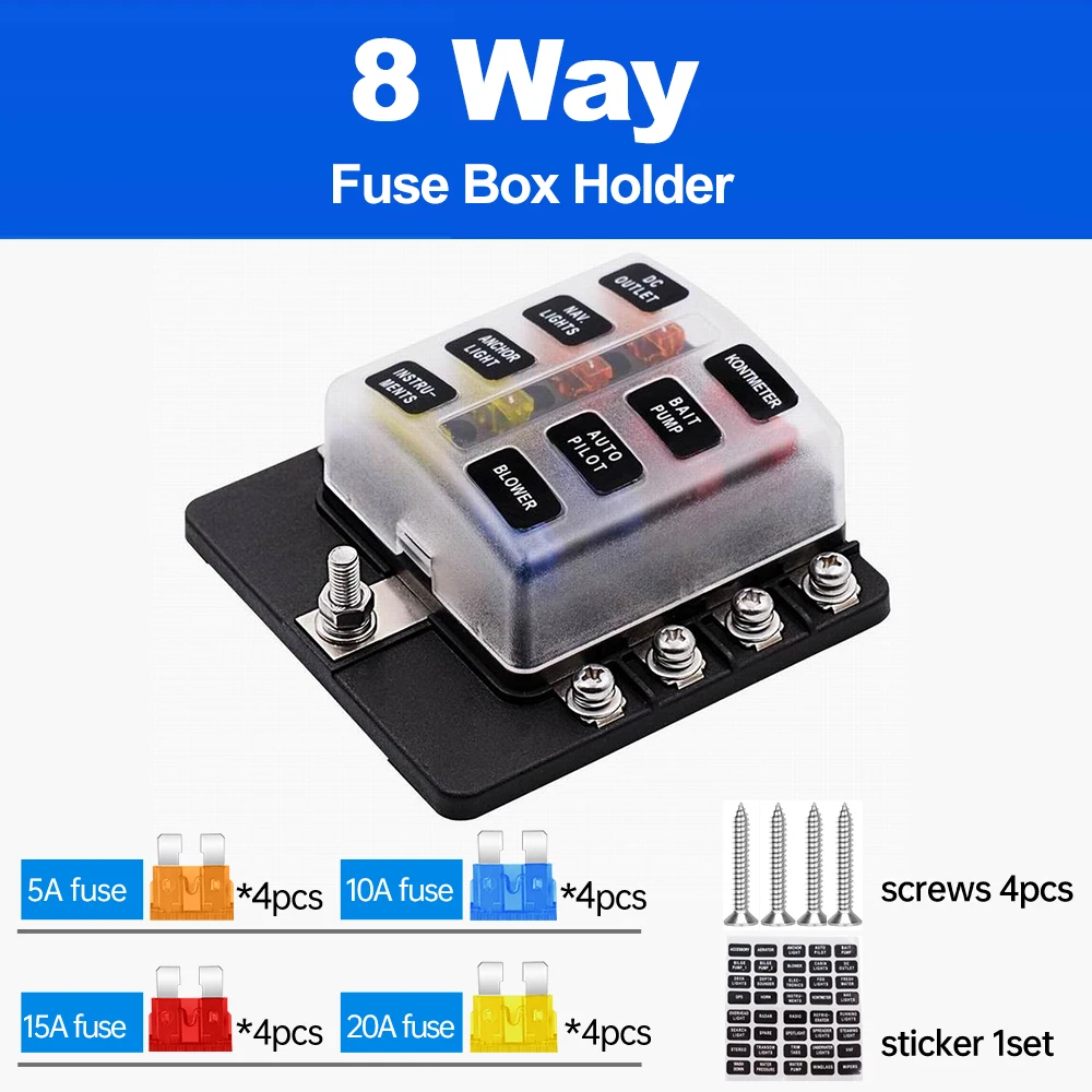 

Universal Car Boat Fuse Box Holder With 8 ways Blade Fuse Holder Block &Warning Indicator 12V 36V Power Distribution Panel Board