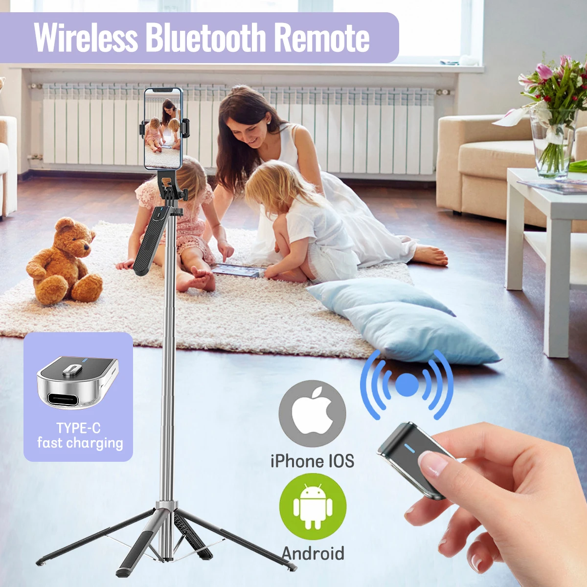 Selfie Stick 360&deg; Rotation with Fill Light 1.8M Extendable Selfie Stick Tripod with Wireless Remote & Video Balance Handle