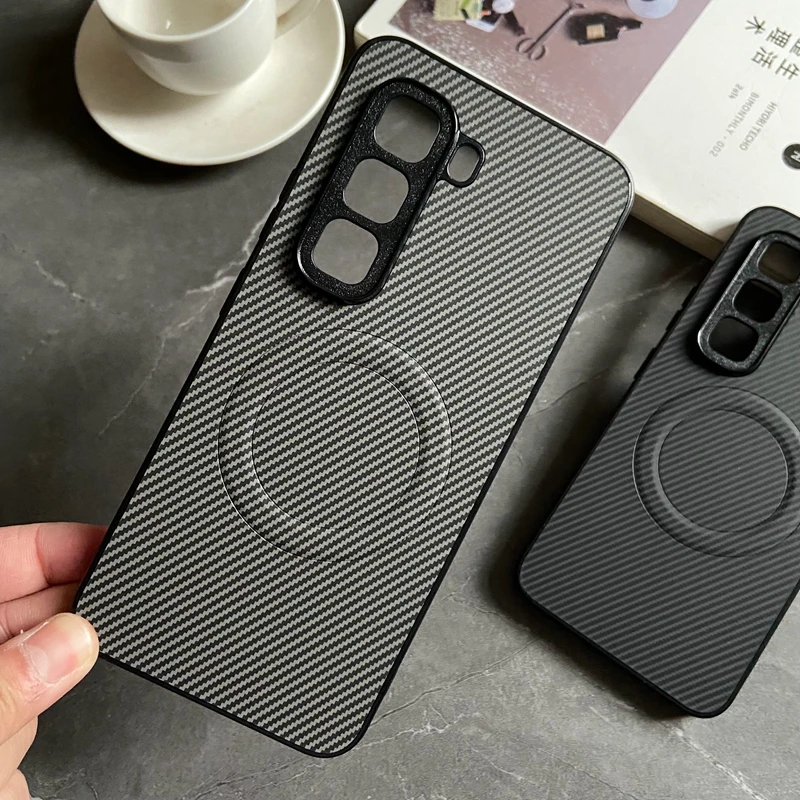 Magnetic Carbon Fiber Textured PU Leather Phone Case with Mag-Safe and Full Camera Protection