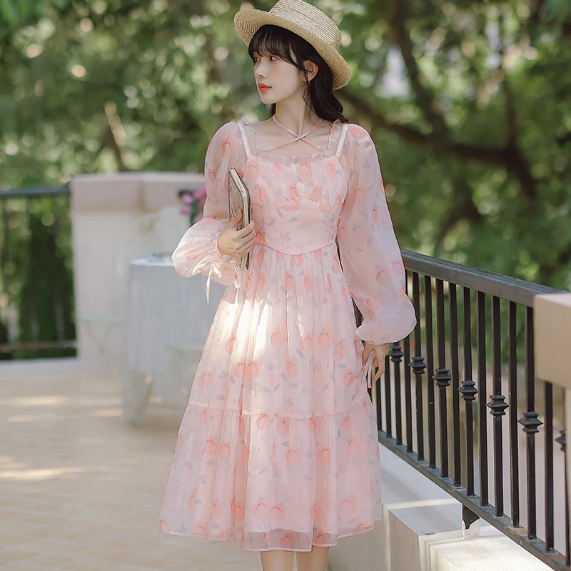 French Pink Floral Print Summer Dress Sweet Square Collar Chiffon ...