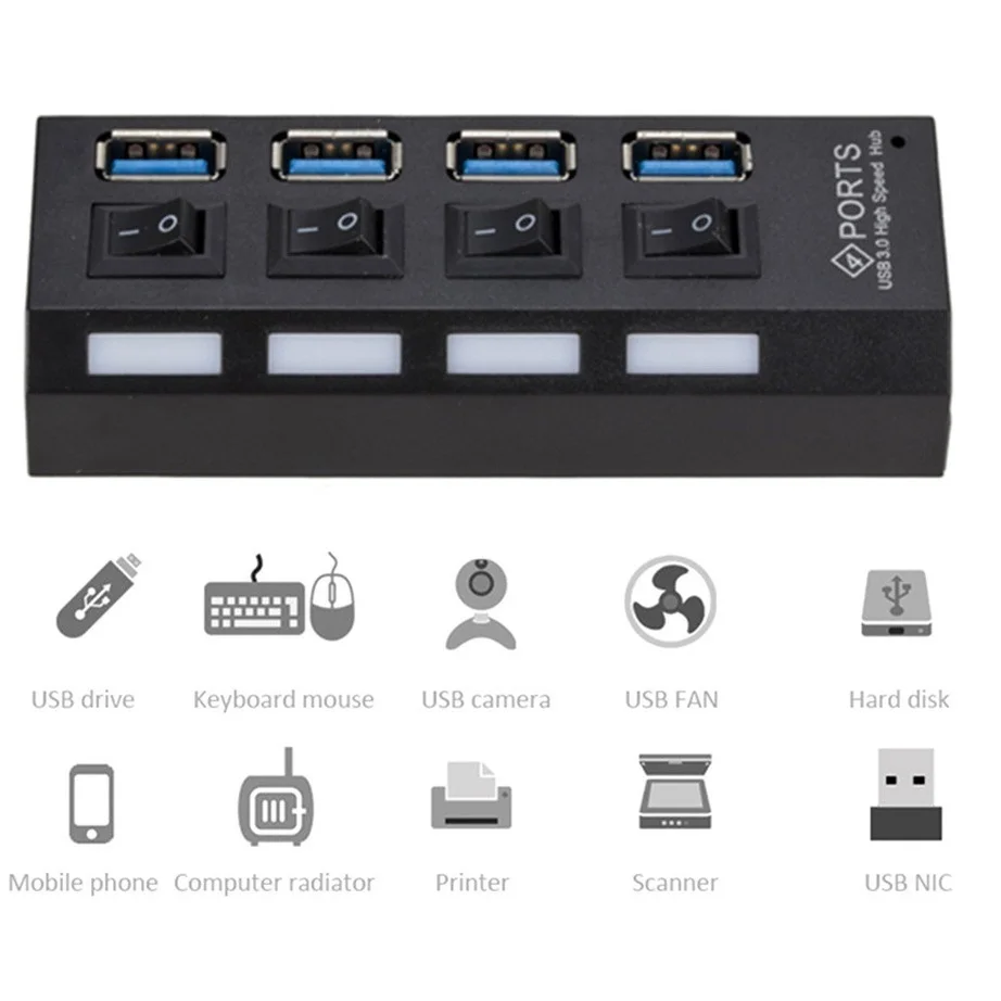 Compact High-Speed 4-Port USB 3.0 Hub with External Power Adapter