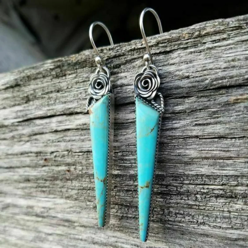 Bohemia Ethnic Jewelry Crescent Multi Blue Stone Dangle Earrings for Women Vintage Teardrop Green Stone Drop Pendant Earrings