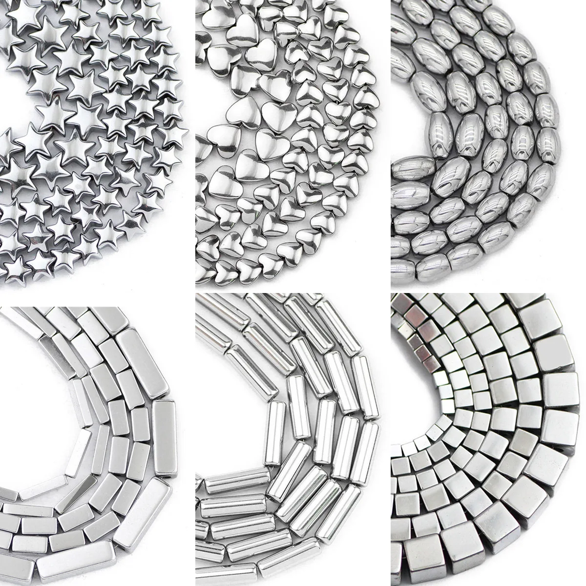 Großhandel im 45-Stil, natürlicher versilberter Hämatit-Stein, quadratisches Herz, Stern, runde Distanzperlen für Schmuckherstellung, DIY-Armbänder