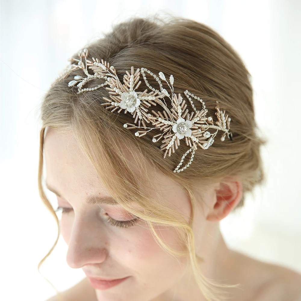 

Vintage Crystal Beaded Floral Hair Vine Bridal Headpiece Handmade Crown Wedding Party Prom Hair Jewelry