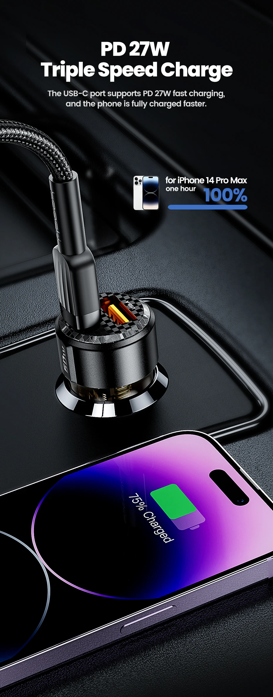 Toocki 60w Car Charger 30wUSB A + Type C PD30w Fast Charging Car Cellphones Adapters For Xiaomi iPhone 15 Oneplus Samsung Huawei