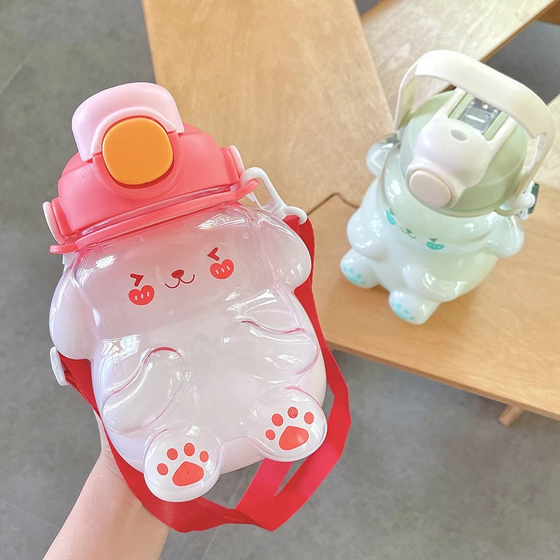 

Double With Cup Rabbit School Plastic Kawaii Summer Cute For Large Bottles Kids Drinking Strap Handle Straw Water Bottle Girls