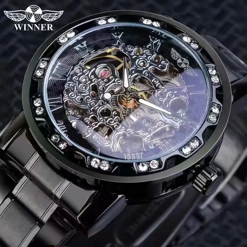 Luxurious Men's Mechanical Skeleton Watch with Diamond Gear for Timeless Elegance