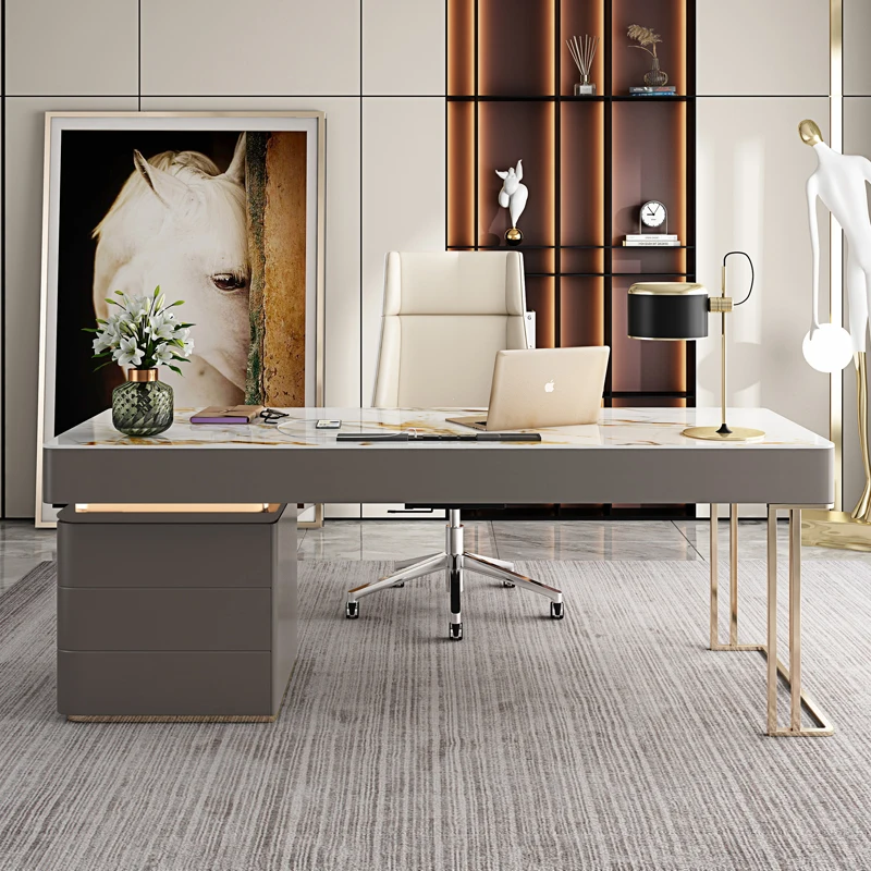 Luxury Desk Glossy Rock Panel Office Desk And Chair Combination Modern Desktop Computer Desk Study Home Writing Furniture HY