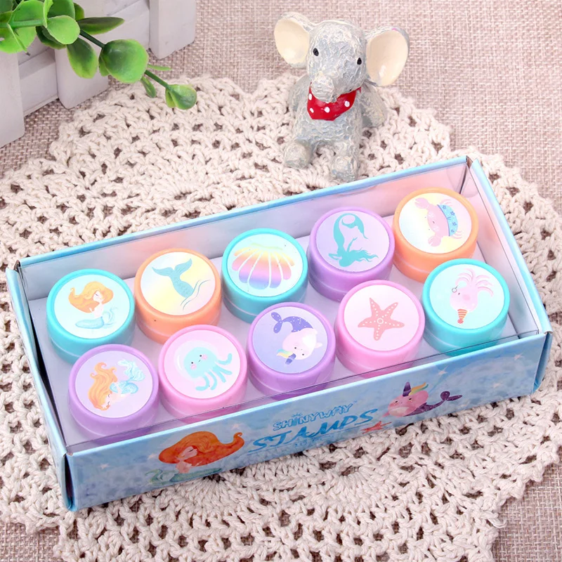 10 Pieces/box Children's Toy Stamp Cartoon Marine Animal Dinosaur Stamp DIY Painting Notebook Decoration Gift self ink stamps