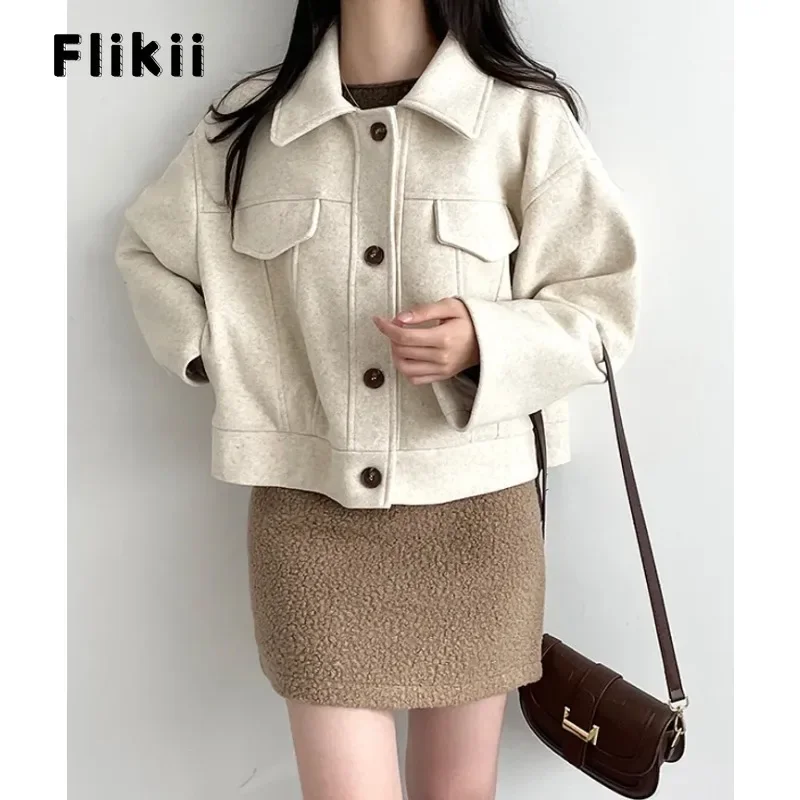 

2023 Winter Korean Style Lady Single Breasted Turn Down Collar Solid Jacket For Women Casual Outerwear Fashion Short Retro Coat