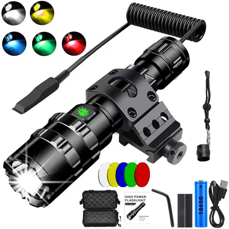 High Lum LED Tactical Hunting Flashlight L2 Night Scout Lights USB Rechargeable Waterproof Torch Outdoor Lighting with Gun Mount