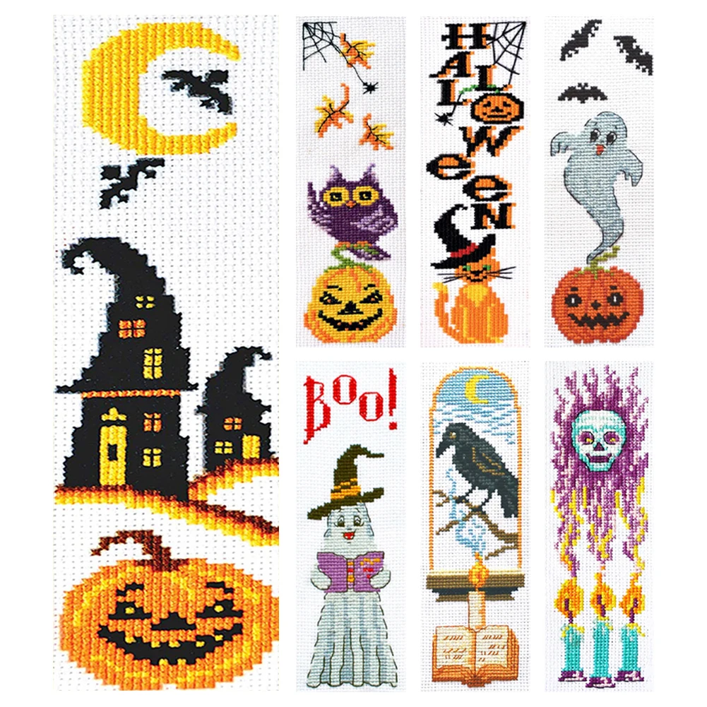 11CT Stamped Double-Sided Halloween Cross Stitch Bookmark Kit 18x6cm Crossstitch Bookmark Art Projects for Kids Adults Beginners