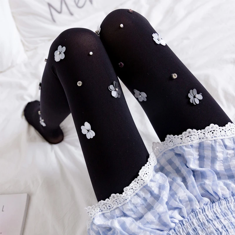 Blumen bestickte Nylon Frauen Strumpfhosen Retro Lolita Stil Blume Strumpfhosen Mädchen Frühling Sommer nahtlose Strümpfe
