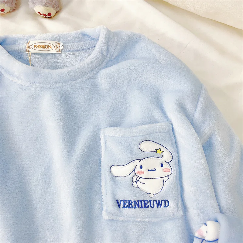 Kawaii Hot Anime Cinnamoroll Pajamas Kuromi My Melody Flannel Pullover Coral Velvet Winter Warm Pajamas Homewear Girl Gifts