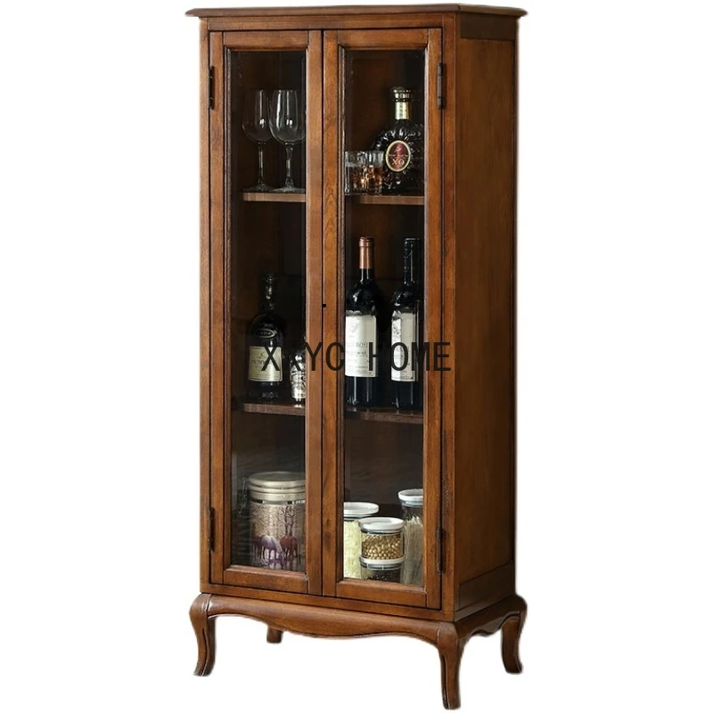 

American-Style Solid Wood Wine Small Locker European-Style Living Room Wall Storage Cabinet Shelf Glass Display Side Cabinet