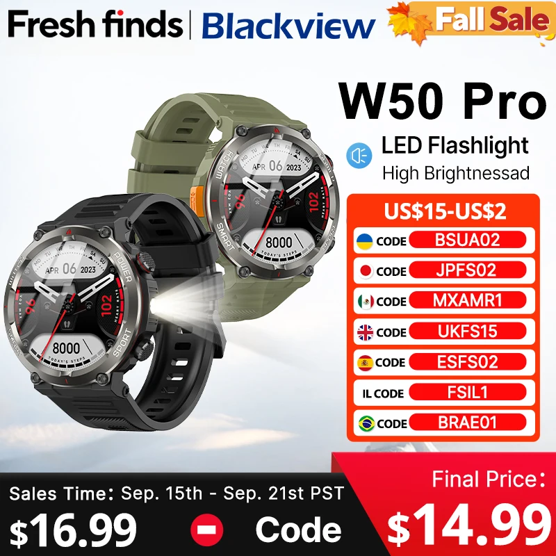 Smart Watch Blackview W50 Pro 1.45" HD Display Flashlight Bluetooth Phone Call 960mAh
