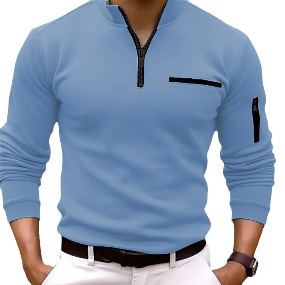 Spring Autumn Men's POLO Shirt Solid Color Zipper Everyday Casual Classic Comfort Fake Pockets High Quality Long Sleeve Tops 4