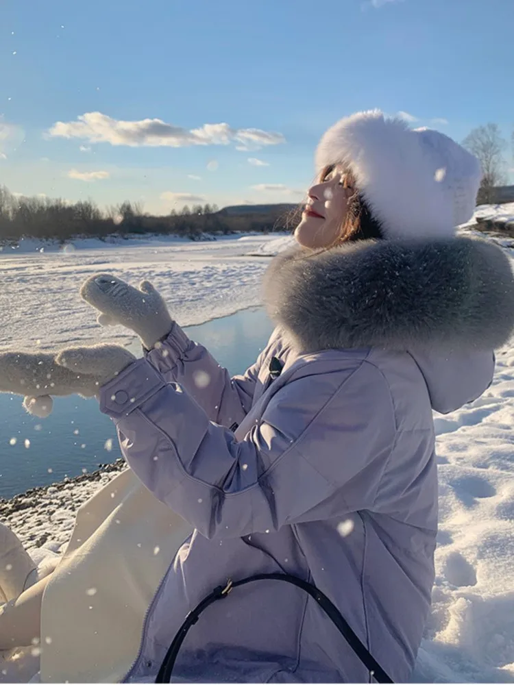 

Women's Winter Fur Collar Down Jacket Elegant Purple Midi Coats Casual Thick Warm Hooded Casual Outwear Female Long Overcot 2022