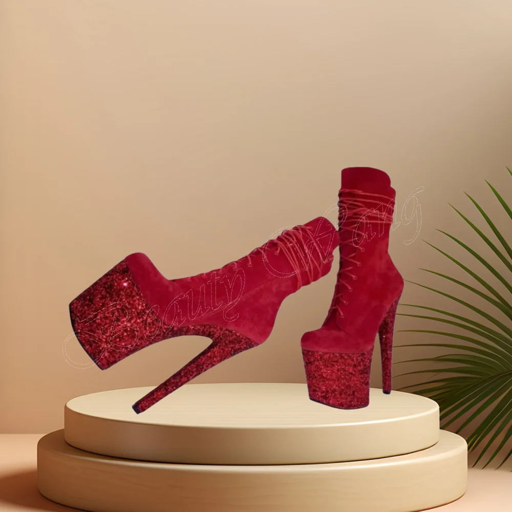 

Red Bling Heel Platform Boots Spike Heel Cross Tied Side Zipper Spike High Heel Shoes for Women High Heel 2023 Zapatillas Mujer