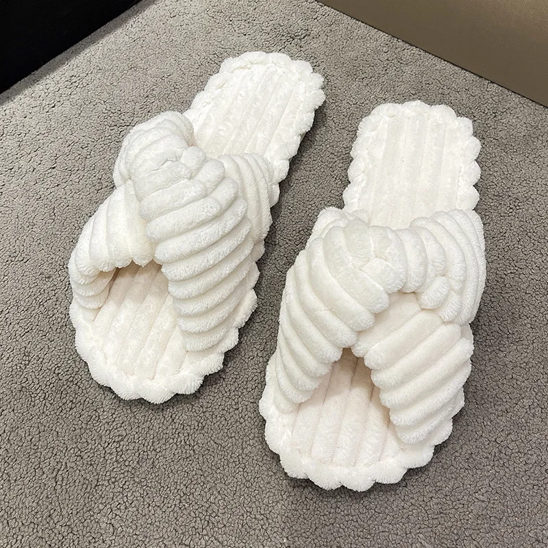 2024 Women's Autumn/Winter New Cotton Non slip Home Slippers Warm Toe Cross Flat Bottom Slippers - Image 5