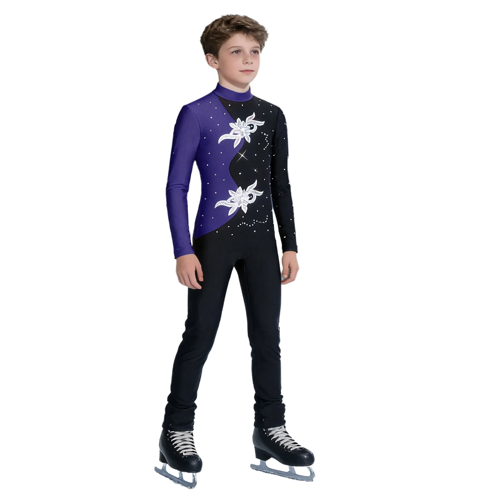 Teens Acrobatics Gymnastics Jumpsuits Kids Shiny Rhinestone Figure Ice Skating Bodysuit Girls Boys Long Sleeve Ballet Dance Wear 4