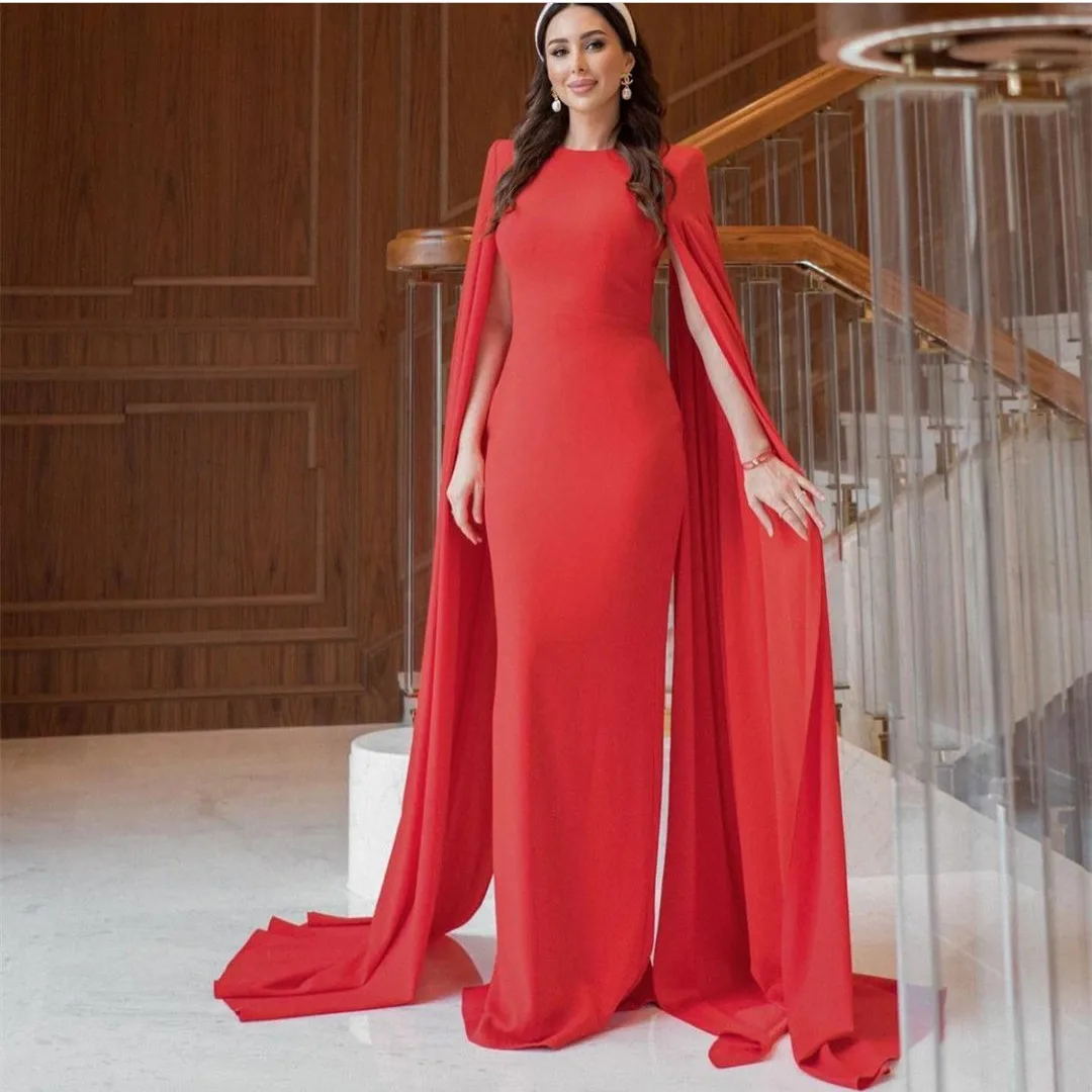 

POMUSE Long Crepe Red Muslim Evening Dresses Bodycon Zipper Back Pleated Stretchy Robes De Mariée Party Gowns For Women