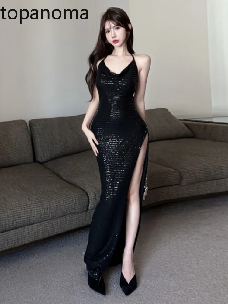 

Topanoma Evening Dresses Women Sleeveless Sequins Bandage Split Backless Cocktail Dress Slim Stretch Birthday Party Clubwear