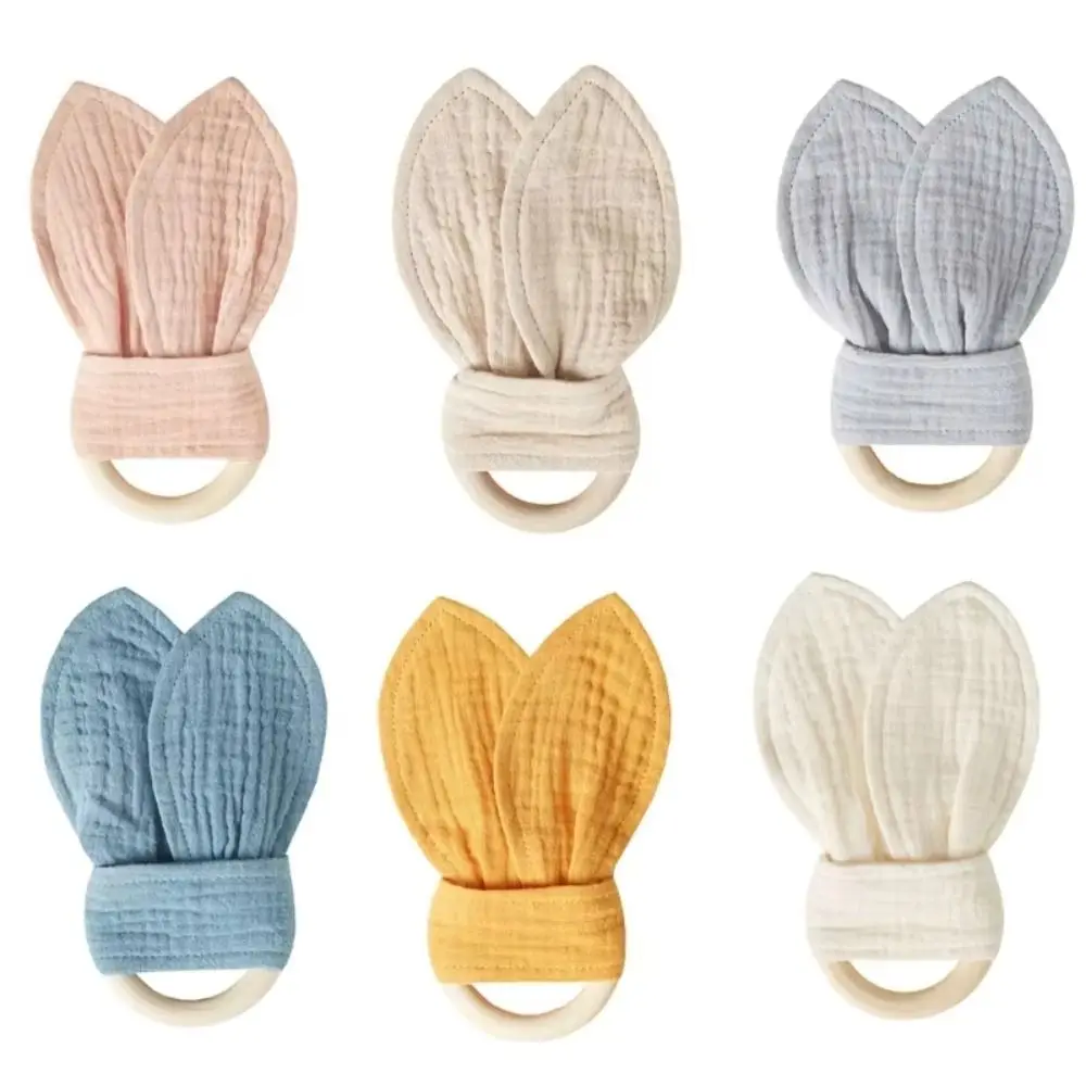 Soft Baby Wooden Hand Grasp Toy Natural Wooden Rabbit Ears Newborn Teething Ring Sensory Toy Bracelet Rattle Chewing Appease Toy