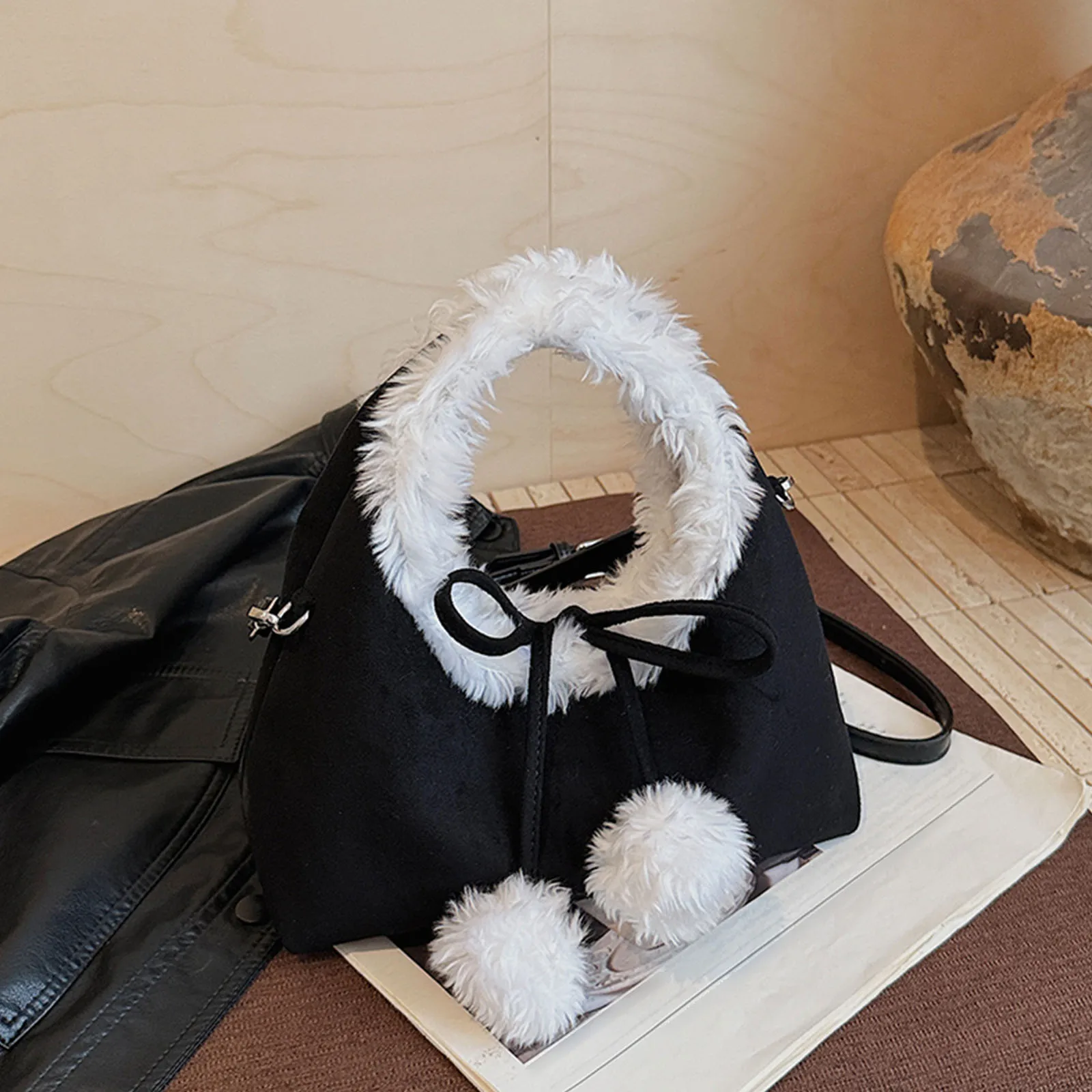 Women Faux Suede Fuzzy Shoulder Bag with Adjustable Strap One Shoulder Armpit Bag Sweet Cute Bow Pom Pom Handbag for Work Travel