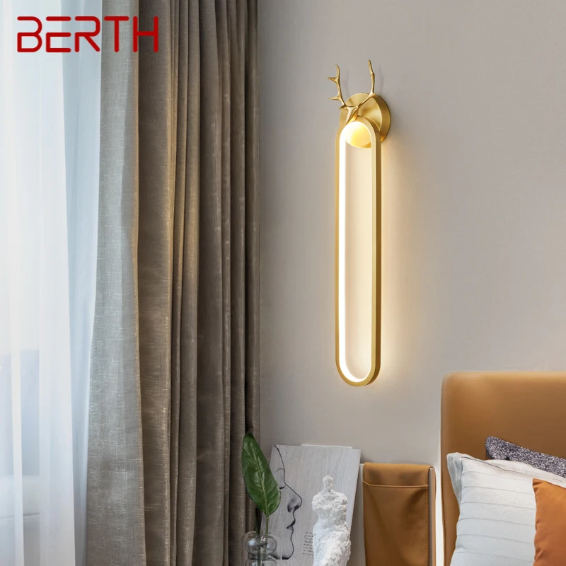 

BERTH Contemporary Gold Brass Wall Lamp LED 3 Colors Simply Copper Creative Indoor Wall Light for Home Bed Living Room