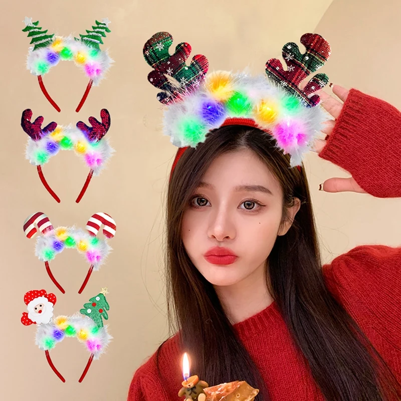 Christmas Headband Christmas Glowing Hair Hoop Led Glowing Deer Ear Hair Accessories Reindeer Band Decoration