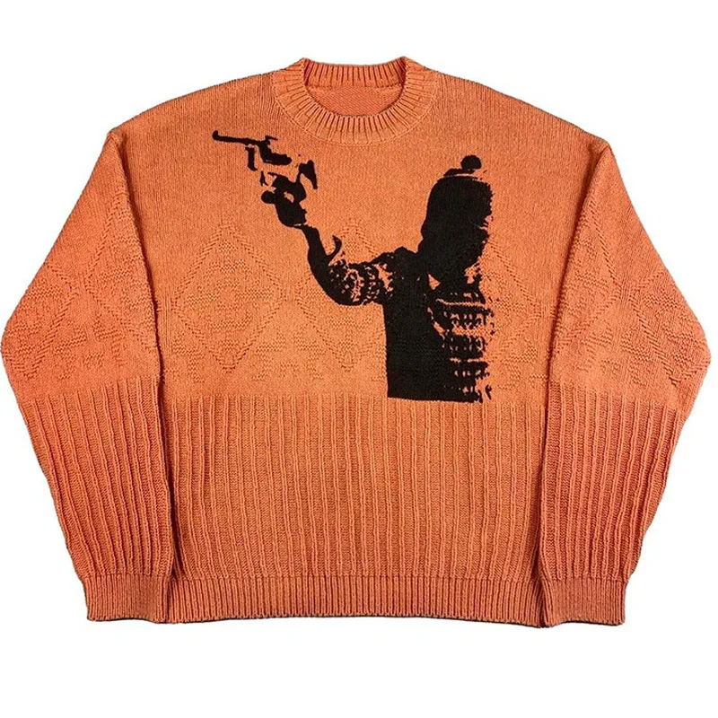 

Y2k Men Pullover Sweater 2022 Autumn Winter New Fashion Casual Loose Orange O-neck Print Goth Knit Harajuku Street Style Sweater