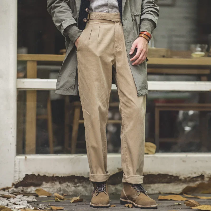 Maden Pantaloni Gurkha vintage kaki Pantaloni da lavoro cargo casual a vita alta regolabili Pantaloni dritti classici da uomo Primavera e autunno 2