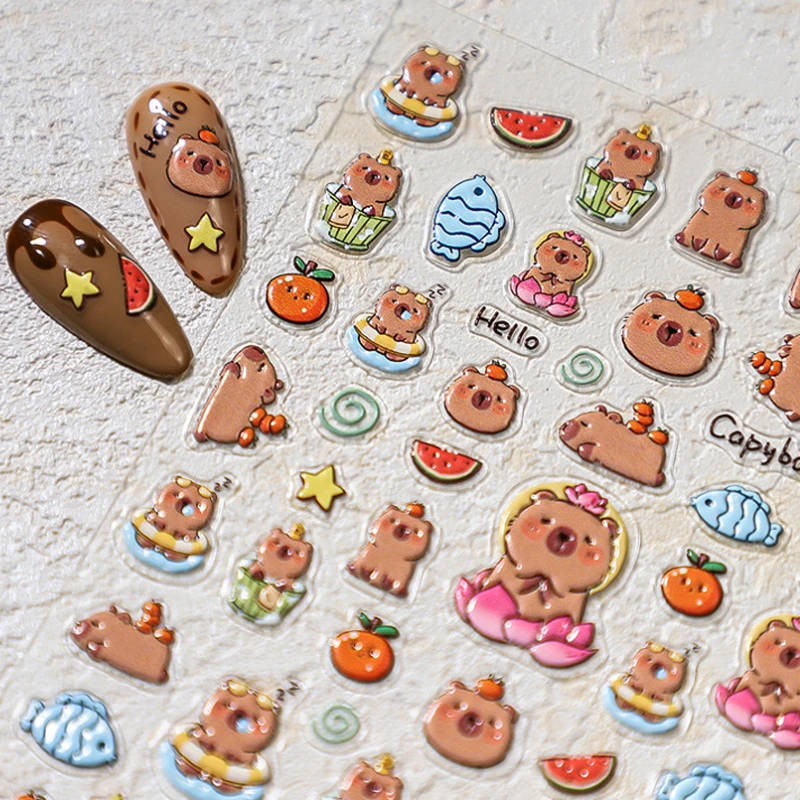 Lovely Cartoon Capybara Fish Watermelo 5D Soft Embossed Reliefs Self Adhesive Nail Art Stickers Cute Hamster 3D Manicure Decals