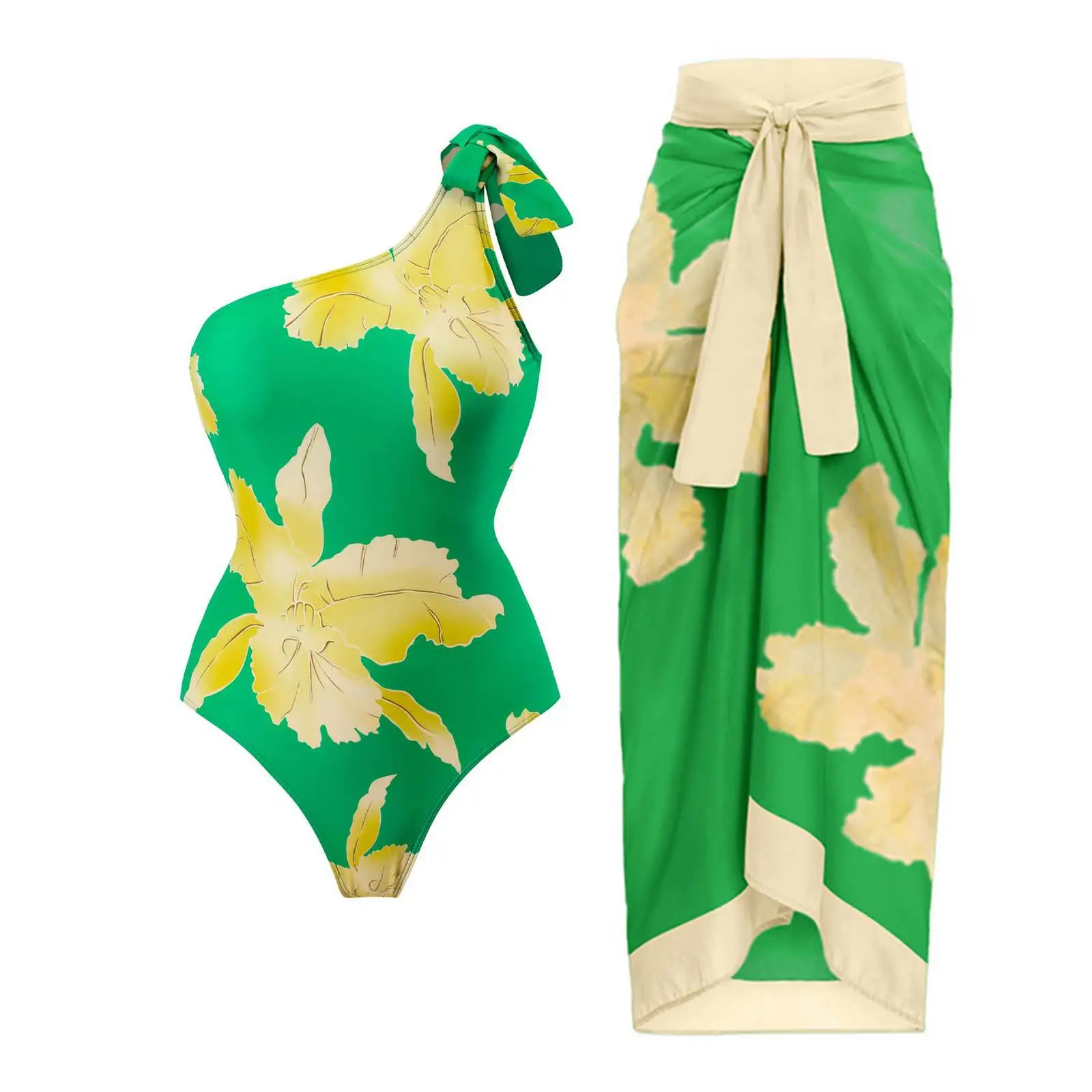 

Cikini 2023 New Sexy One Piece Swimsuit Women's Vintage One Shoulder Swimwear Bikini Chiffon Beach Dress Set Bathing Suit