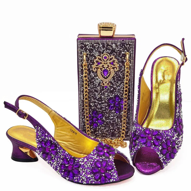 

Wonderful Purple Women Shoes Match Bag Set With Big Crystal Decoration African Dressing Pumps And Purse CR916,Heel 5CM