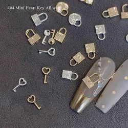 -Locking Lover- Mini Valentines Heart Key Metallic Alloy 3*7mm Small Easy Heart Lock Chrome K Charms Ins Trendy Nail Trinket 404